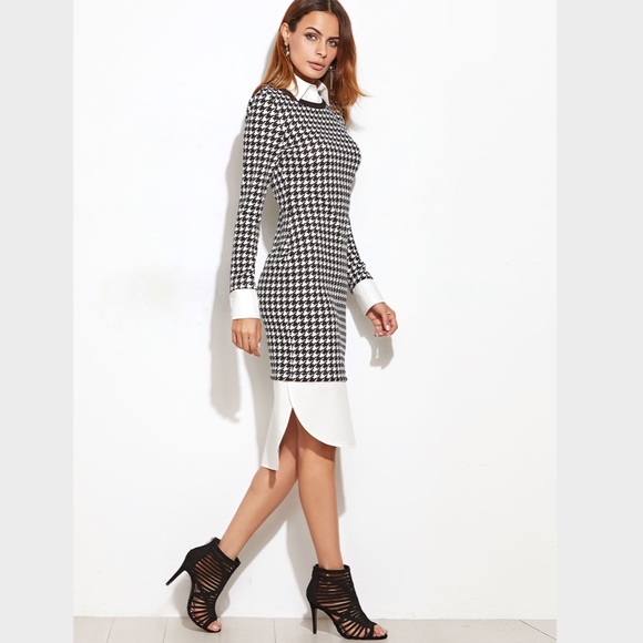 New! Houndstooth Contrast Curved Hem Shirt Dress - Picture 3 of 6